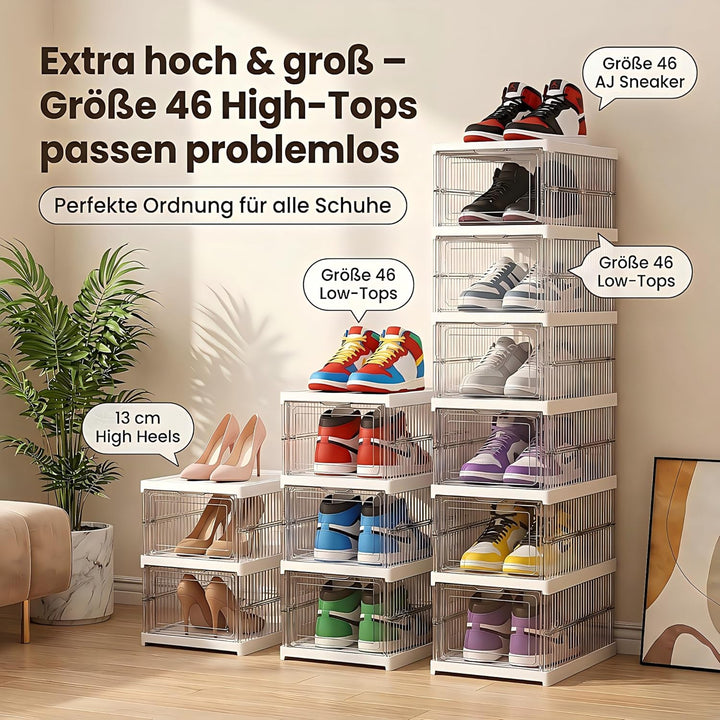 Schuhboxen Stapelbar, 18 Ebenen, Transparent, Faltbar, Dickem Kunststoff, für Sneaker bis Grösse 46,