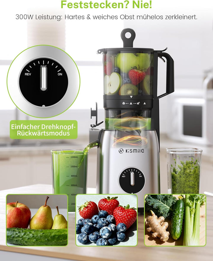Kismile Entsafter, 135 mm Einfüllschacht für ganzes Obst und Gemüse | BPA-freie Teile, schlankes Des
