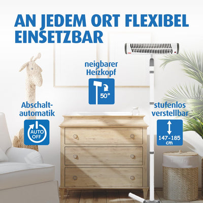 Reer Wickeltischstrahler EasyHeat Flex, Heizstrahler mit Standfuss, Wärmelampe fürs Baby, kompaktes