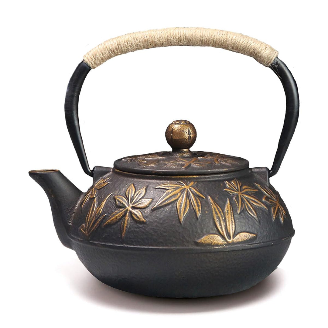 Webao Teekanne Gusseisen, 800ml Asiatische Teekanne Teekessel mit Edelstahl Sieb, Gold Ahornblätter