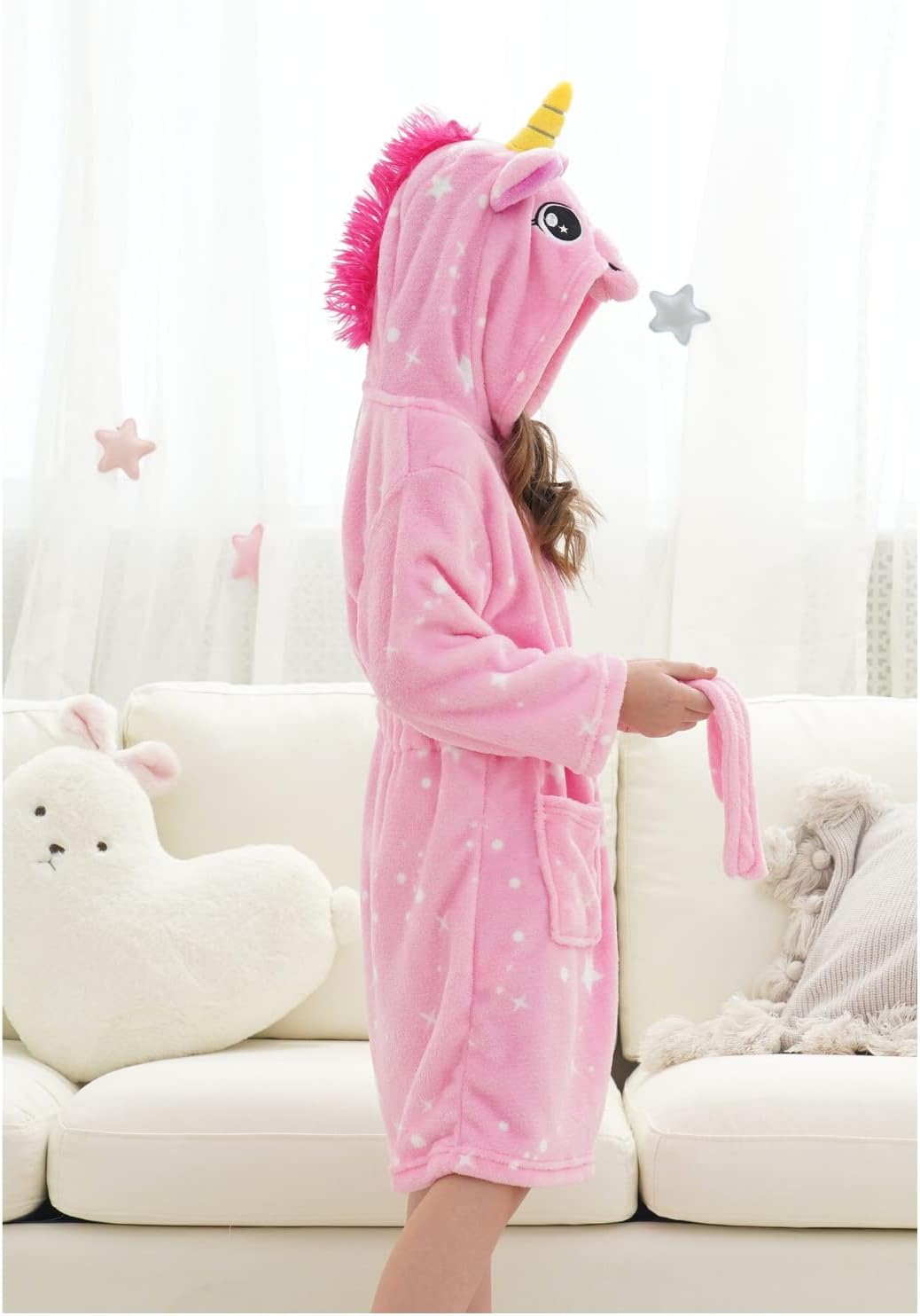 Piefry Weicher Einhorn-Bademantel mit Kapuze für Mädchen mit Einhorn-Pantoffeln, Augenbinde und Stir