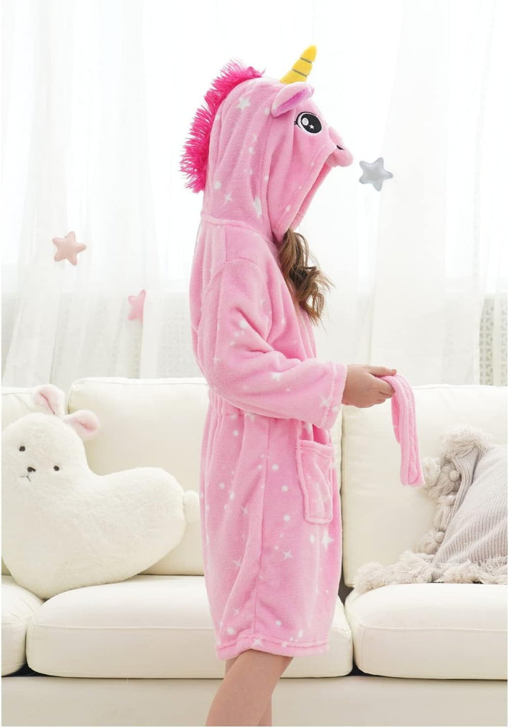 Piefry Weicher Einhorn-Bademantel mit Kapuze für Mädchen mit Einhorn-Pantoffeln, Augenbinde und Stir