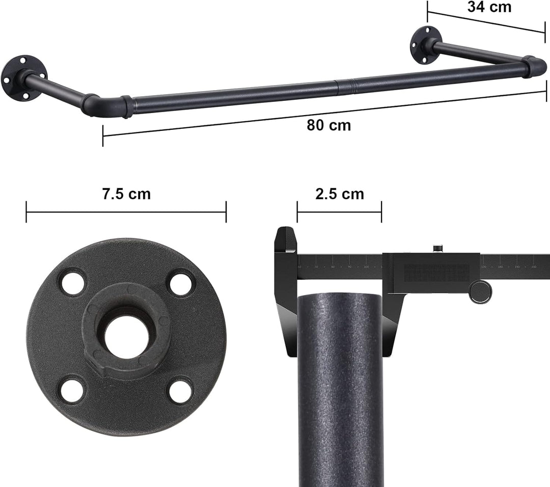 FLY HAWK Kleiderstange für Wand, 80cm Garderobenstange im Industrie-Design Industrierohr Kleiderstan