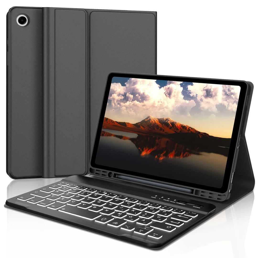 Hülle mit Tastatur für Samsung Galaxy Tab A9 8.7'' 2023, 7 Farben Beleuchtung, QWERTZ Deutsches, Mag