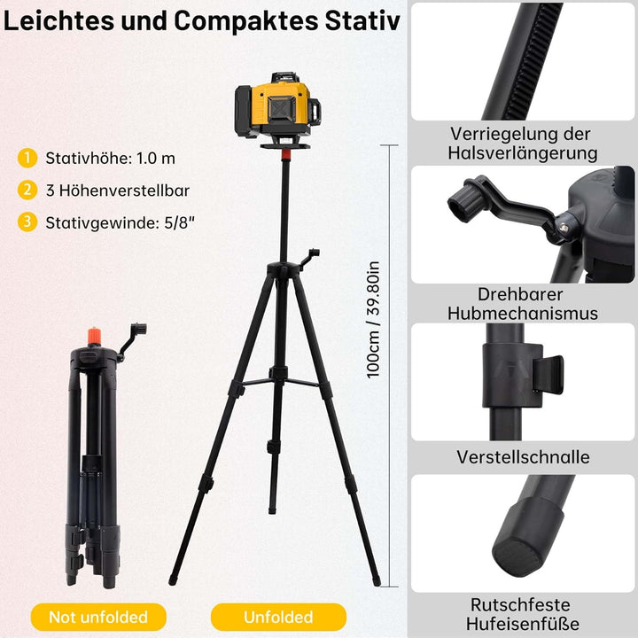 Kreuzlinienlaser mit Stativ, 16 Line Laser Level, 4 x 360 ° Laser Wasserwaage mit Akku, Fernbedienun
