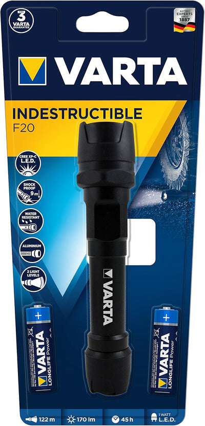 VARTA Indestructible 1 Watt LED F20 Taschenlampe/Arbeitsleuchte (inkl. 2 Longlife Power AA Batterien