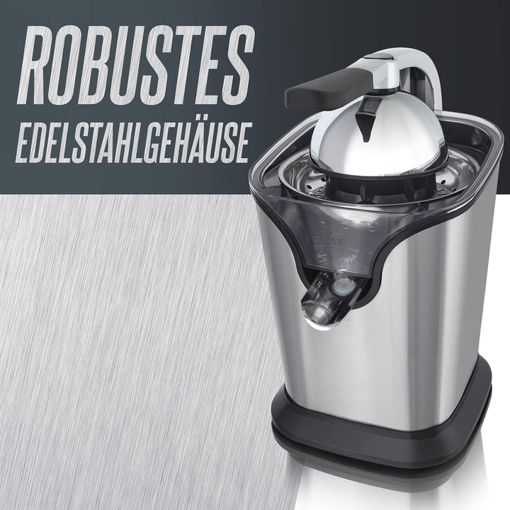 HEINRICHS elektrische Edelstahl Zitruspresse Juicer inkl. Fliessstopfunktion professioneller Hebelar