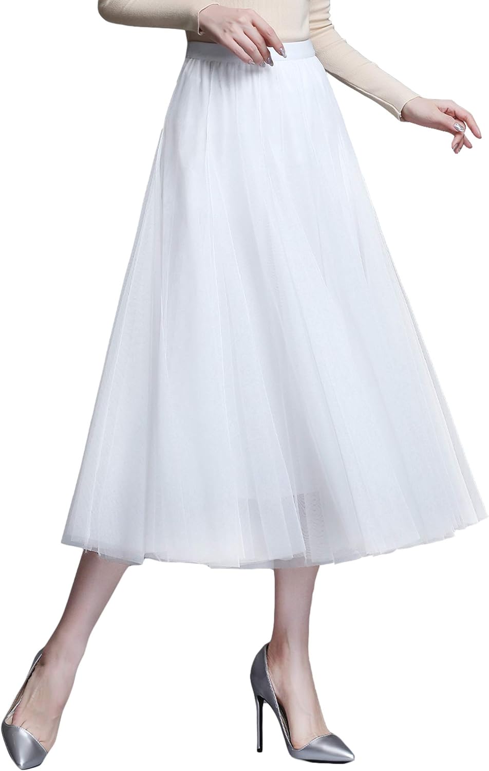 Damen Tüllrock Midi Faltenrock Hoher Bund Schick Rock Elastisch Taille Drapiert Stoff 36-40 Weiss, 3