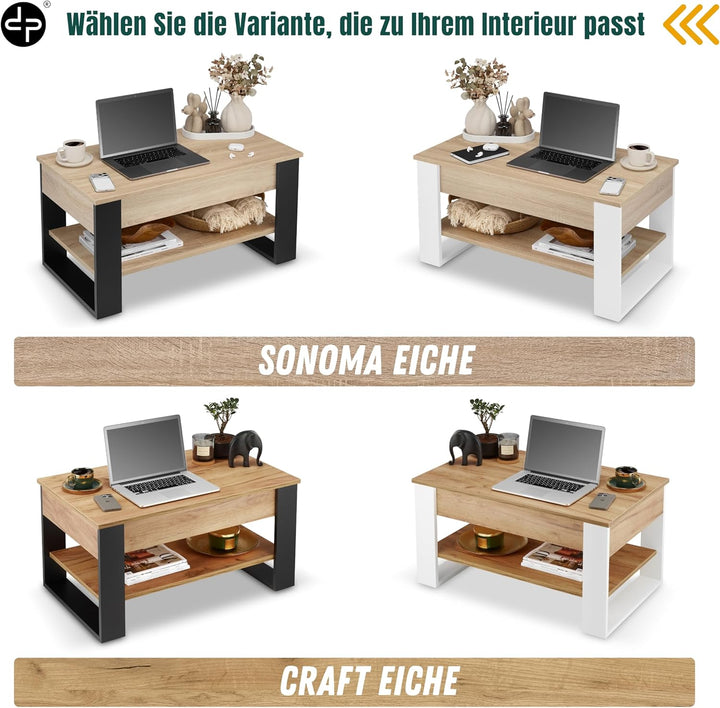 defiPad Couchtisch Höhenverstellbar mit Stauraum, Wohnzimmertisch Sonoma Eiche/Weiss mit hochziehbar