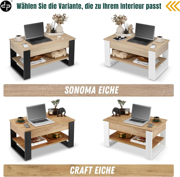 defiPad Couchtisch Höhenverstellbar mit Stauraum, Wohnzimmertisch Sonoma Eiche-Schwarz mit Liftfunkt