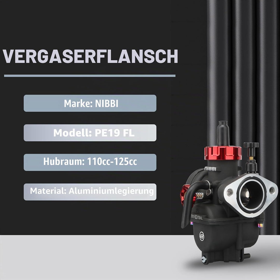 NIBBI Vergaser PE19mm, passt 100cc/110cc/125cc Flansch Motorrad Motoren, drei Hauptstrahl und ein la