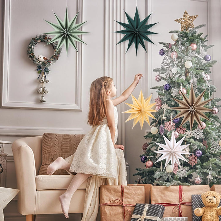 5 Stück Papiersterne Weihnachten Braun 30cm Beige 12 Zacken Papiersterne Faltsterne mit Klettverschl