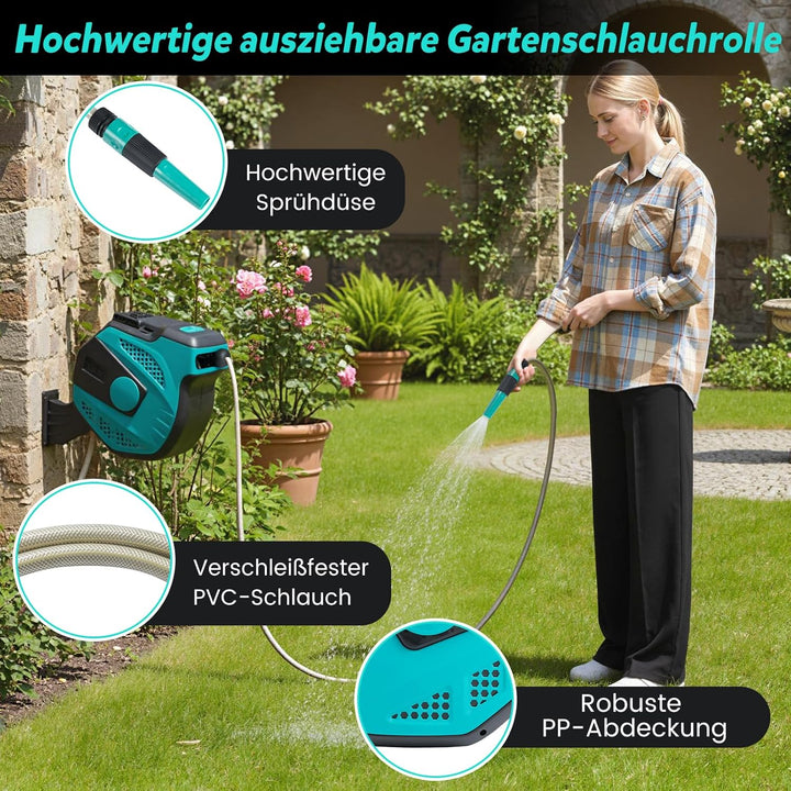 COSTWAY Gartenschlauchbox, 20 m+2 m, 180° schwenkbar, Automatischer Einzug, Schlauchtrommel Einziehb