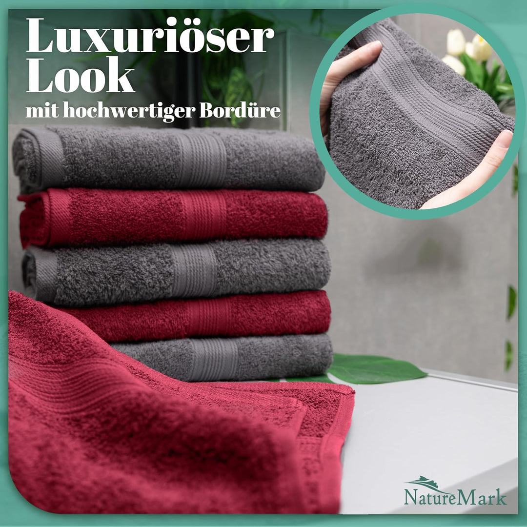 NatureMark NM-HT0860 Frottier Handtücher, 8-er Pack, 50 x 100 cm, 100% Baumwolle (Anthrazit/Bordeaux
