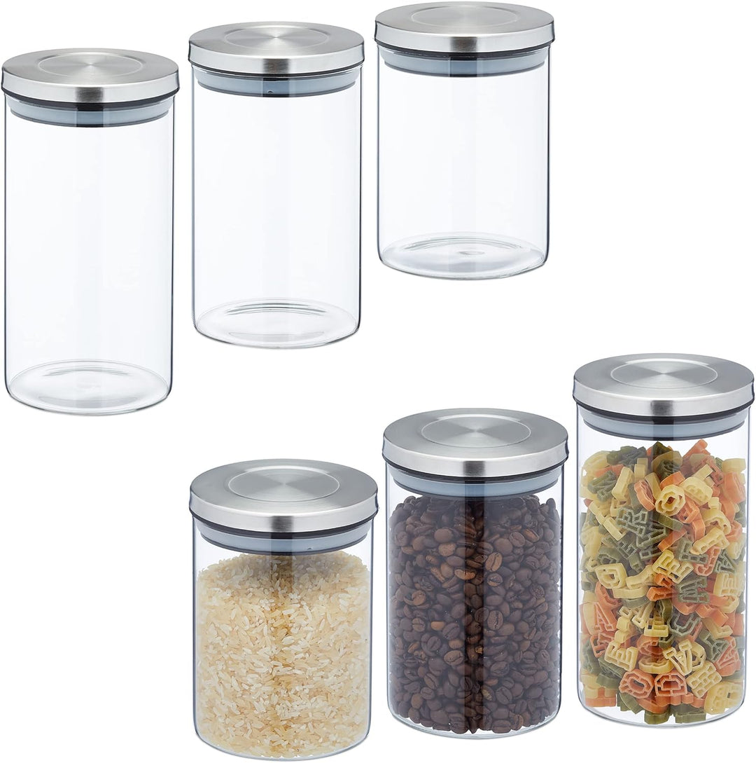 Relaxdays Vorratsgläser mit Edelstahldeckel, 6er Set, Vorratsdosen aus Glas, 3 Grössen, luftdicht, t