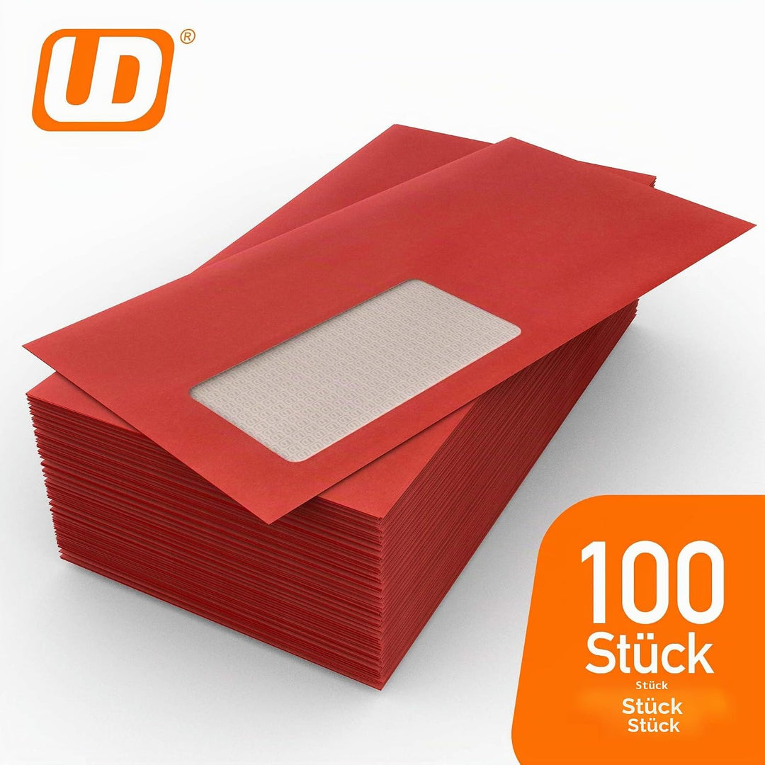 100 Fensterumschläge, Cadmium, Rot, Dunkelrot, DIN lang = 220 x 110 mm, Haftklebestreifen, Kuverts m