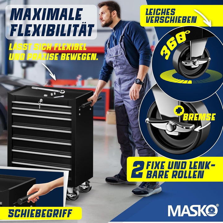 MASKO® Werkstattwagen - 7 Schubladen, schwarz | Abschliessbar | Massives Metall | Mobiler Werkzeug-W