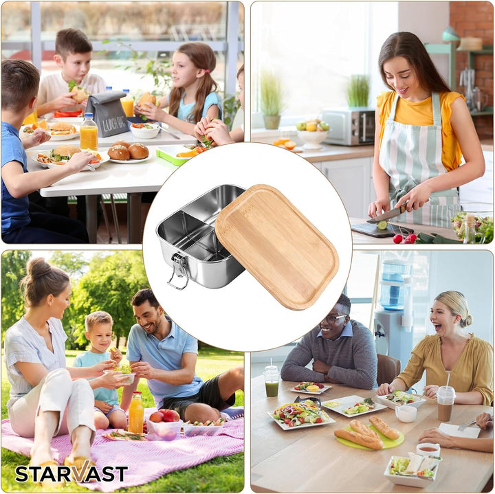 STARVAST 2 Stück Lunchbox für Erwachsene Kinder, Edelstahl Brotdose mit Fächern Holzdeckel,BPA-frei