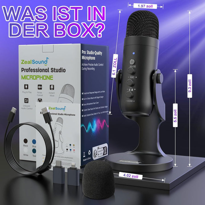 zealsound USB Mikrofon, Kondensator Mikrofon für PC Handy, PS4, PS5, Microphone PC USB C für Gaming,
