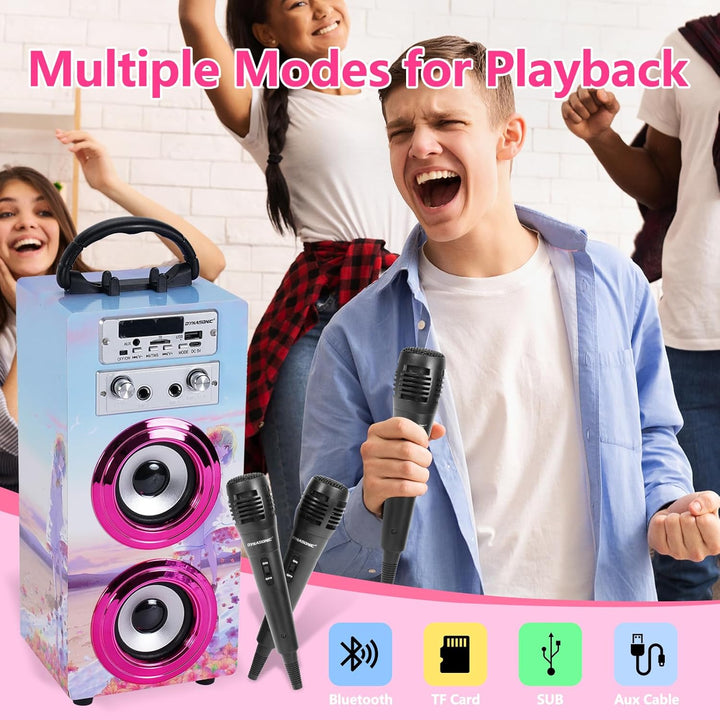 DYNASONIC Karaoke mit 2 Mikrofonen, tragbarer Karaoke-Maschine, Bluetooth-Lautsprecher, USB- und SD-