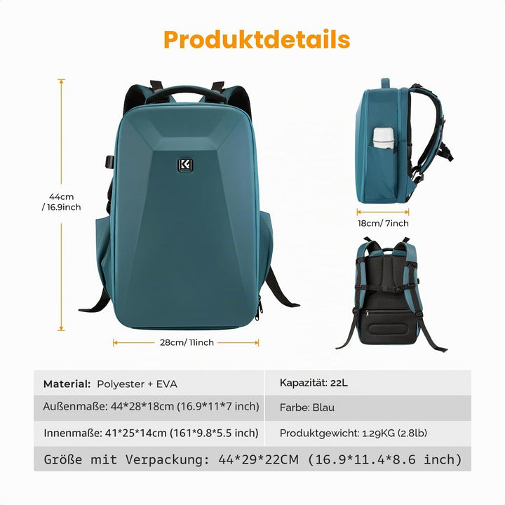 K&amp;F Concept Kamerarucksack Fotorucksack mit Hartschale Kameratasche mit 15,6-Zoll-Laptopfach und Reg