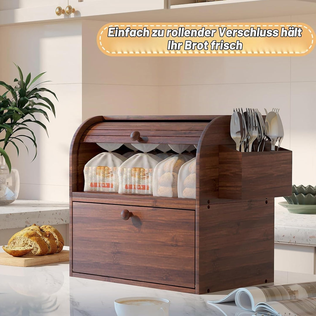 TQVAI Brotkasten Holz, Bambus Brotbehälter mit 2 Etagen Brotaufbewahrung, Bread Box mit Rolldeckel m