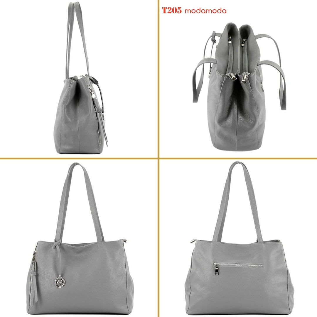 modamoda de T205 Damen Leder Schultertasche Shopper Henkeltasche handmade in Italy Anthrazitgrau, An