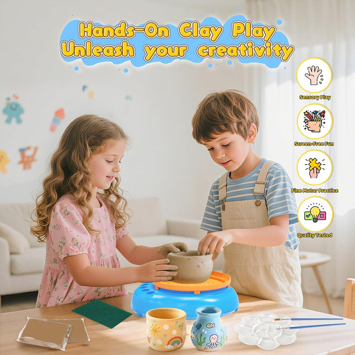Töpferscheibe für Kinder 6-12 Jahre – Komplettes DIY-Töpfer-Set für Anfänger mit 4 Lufthärtenden Ton