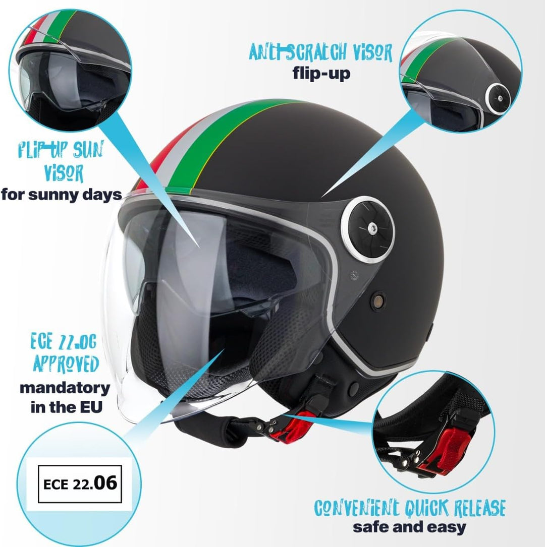 VINZ Neiva Jethelm mit Doppelvisier | Roller Helm mit Italienische Flagge &amp; mit Sonnenblende | In Gr