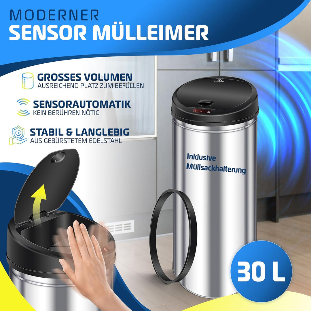 KESSER® Sensor Mülleimer ✓ Automatik ✓ Abfalleimer ✓ Abfall | EDELSTAHL | Farbe: SILBER | Grösse: 30