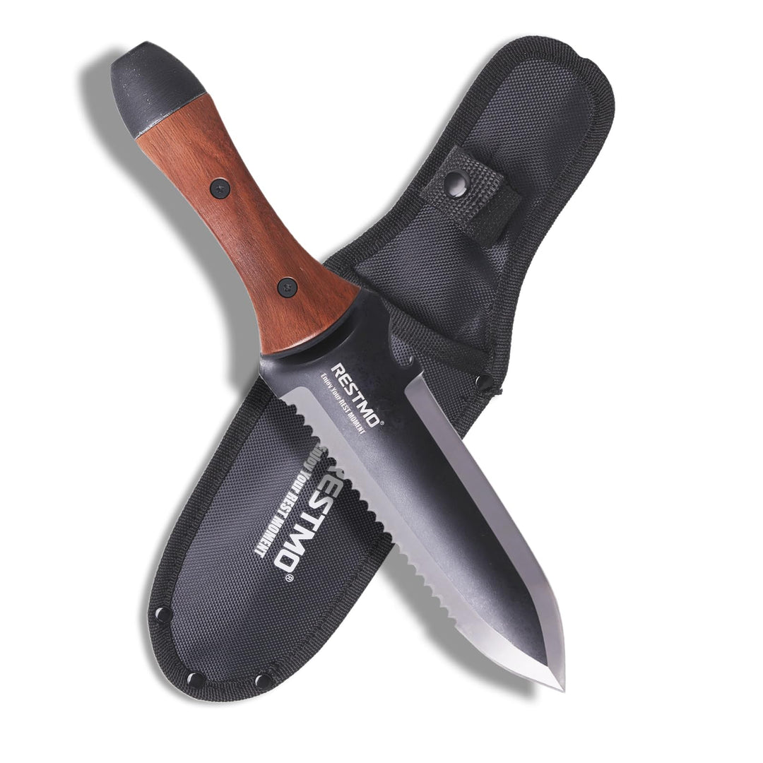 RESTMO Hori Hori Gartenmesser, Doppelseitige Edelstahlklinge mit Sägezahnung, Tiefenskala & Nylonsch