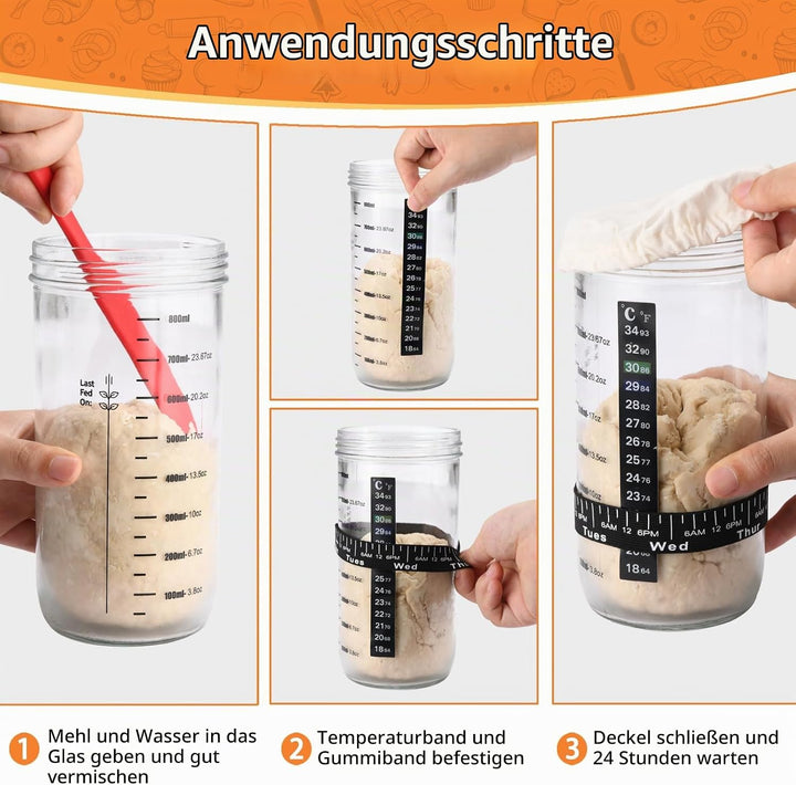 1000ml Sauerteig Starter Set mit Skala, Fermentierglas mit Deckel, Sauerteig Glas Mit Messband und R
