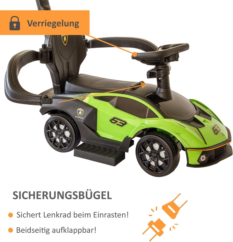 Rutschauto mit Schiebstange ab 1 Jahr | Rutschfahrzeug mit Sicherheitsbügel | Schiebeauto Lamborghin