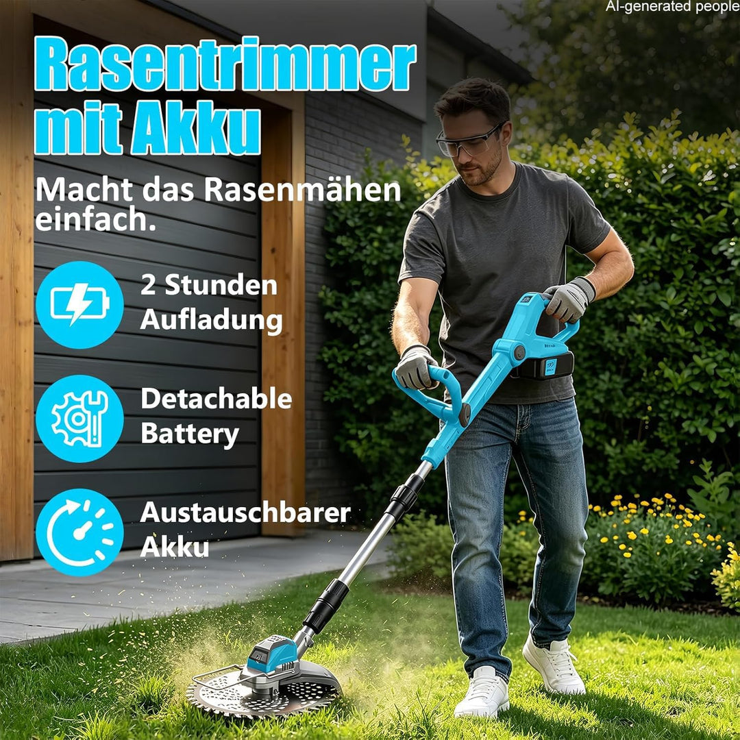 21V Rasentrimmer mit Akku, 3 in 1 Rasenkantenschneider mit Unkrautbürste, Faltbar Elektrischer Motor