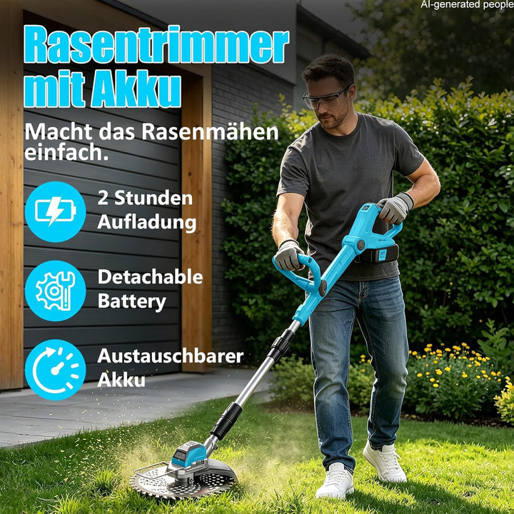 21V Rasentrimmer mit Akku, 3 in 1 Rasenkantenschneider mit Unkrautbürste, Faltbar Elektrischer Motor