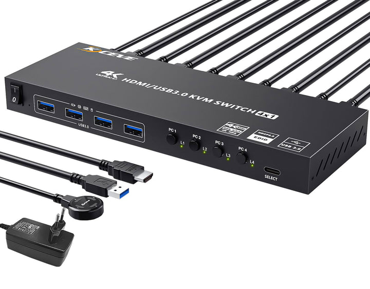 USB 3.0 KVM Switch HDMI 4 Port, 4K@60Hz Simulation EDID KVM Switch 4 PC 1 Monitore, HDMI 2.0 KVM-Swi