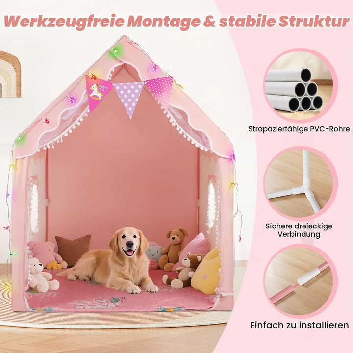 Kinder Spielzelt Hausform, mit LED Lichter &amp; Matte, innen &amp; aussen | Grosser Innenraum, reichhaltige