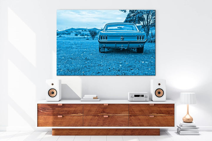 deyoli alter Mustang Format 80x60 Effekt: Monocrome Blau als Leinwandbild, Motiv fertig gerahmt auf