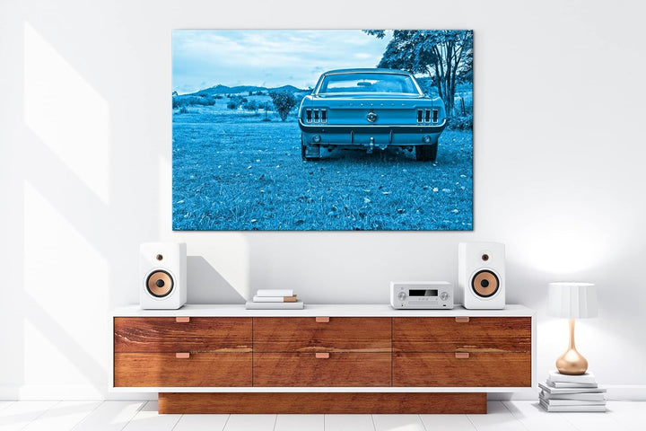 deyoli alter Mustang Format 100x70 Effekt: Monocrome Blau als Leinwandbild, Motiv fertig gerahmt auf