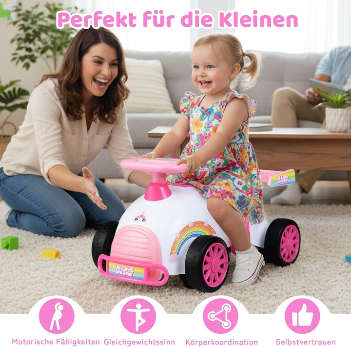 COSTWAY Rutschauto, Rutschfahrzeug im rosa Einhorn-Design, Kinderfahrzeug mit Musik & Stauraum unter
