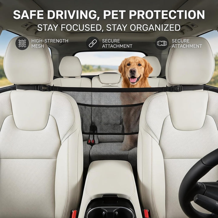 Hundegitter Auto Mit Aufbewahrungstaschen, Trennnetz Hund - Hundenetz für Vordersitz, Auto-Netz-Orga