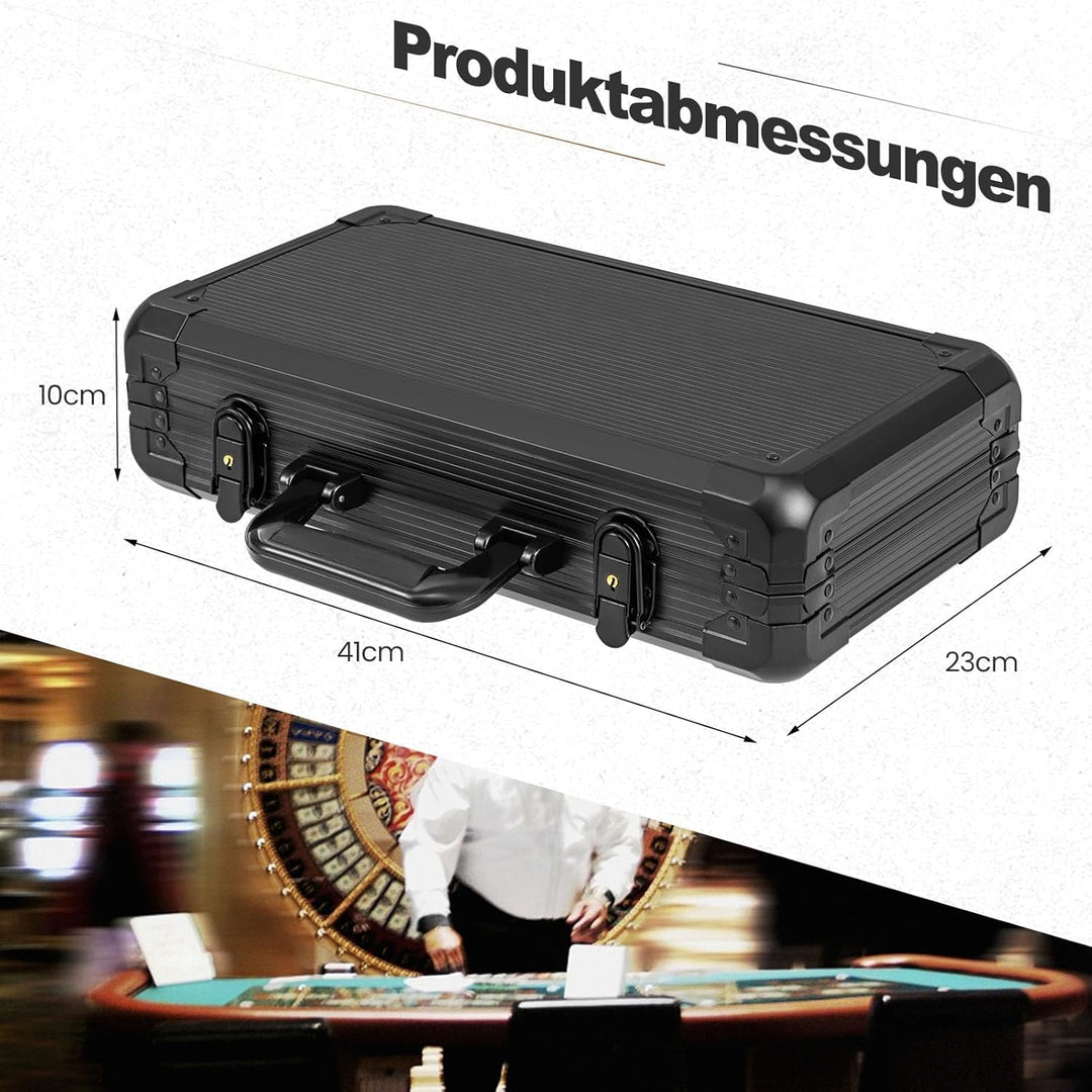 DREAMADE Aluminium Pokerkoffer mit 300 nummerierten Laser Poker Chips/ 2 Pokerkarten Set/ 5 Würfel/