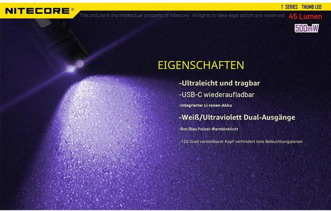Nitecore THUMB UV - 45 Lumen, über USB aufladbar, Lampenkopf verstellbar, UV-Licht
