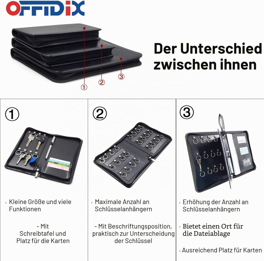 OFFIDIX Tragbares Schlüsseletui mit Reissverschluss, Leder-Schlüssel-Organizer, tragbarer Manager un