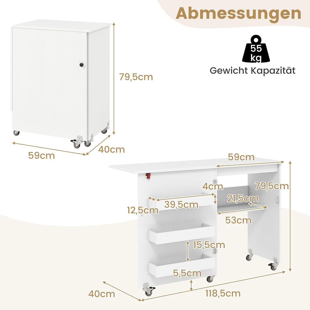 COSTWAY 2 in 1 Nähtisch klappbar, Nähmaschinenschrank aus Holz mit Regalen & Ablagefach, Nähschrank