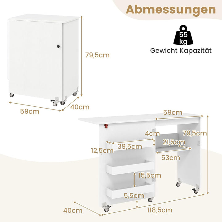 COSTWAY 2 in 1 Nähtisch klappbar, Nähmaschinenschrank aus Holz mit Regalen & Ablagefach, Nähschrank