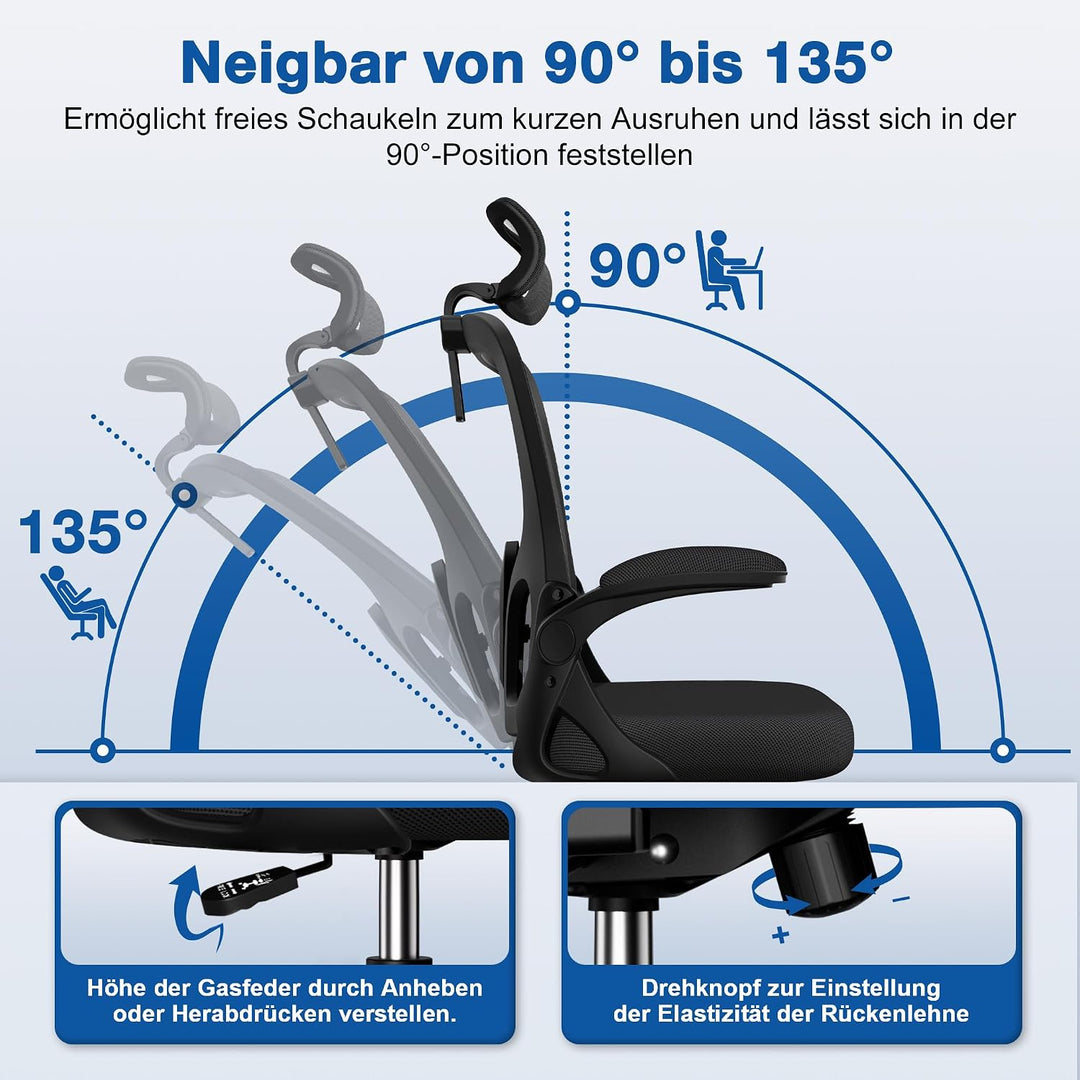 Bürostuhl,Bürostuhl Ergonomisch mit Verstellbarer Kopfstütze,Armlehnen und Lendenwirbelstütze, Schre