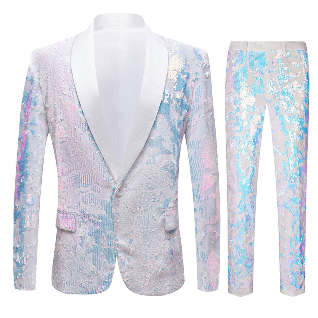 CARFFIV Herren Modische Blumenmuster Pailletten Zweiteiler Set Anzüge XS Map White, XS Map White