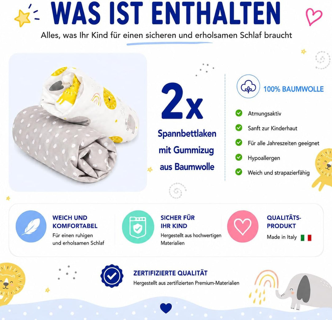 FlyIdeas Spannbettlaken für Beistellbett 90x55 cm, 2 STK - 2 Spannbettlaken für alle Babybettchen Ma