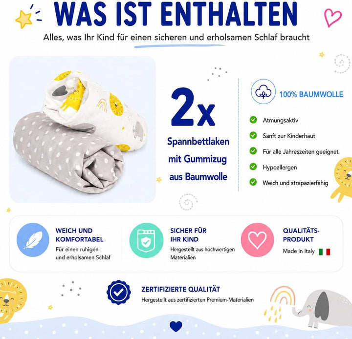 FlyIdeas Spannbettlaken für Beistellbett 90x55 cm, 2 STK - 2 Spannbettlaken für alle Babybettchen Ma